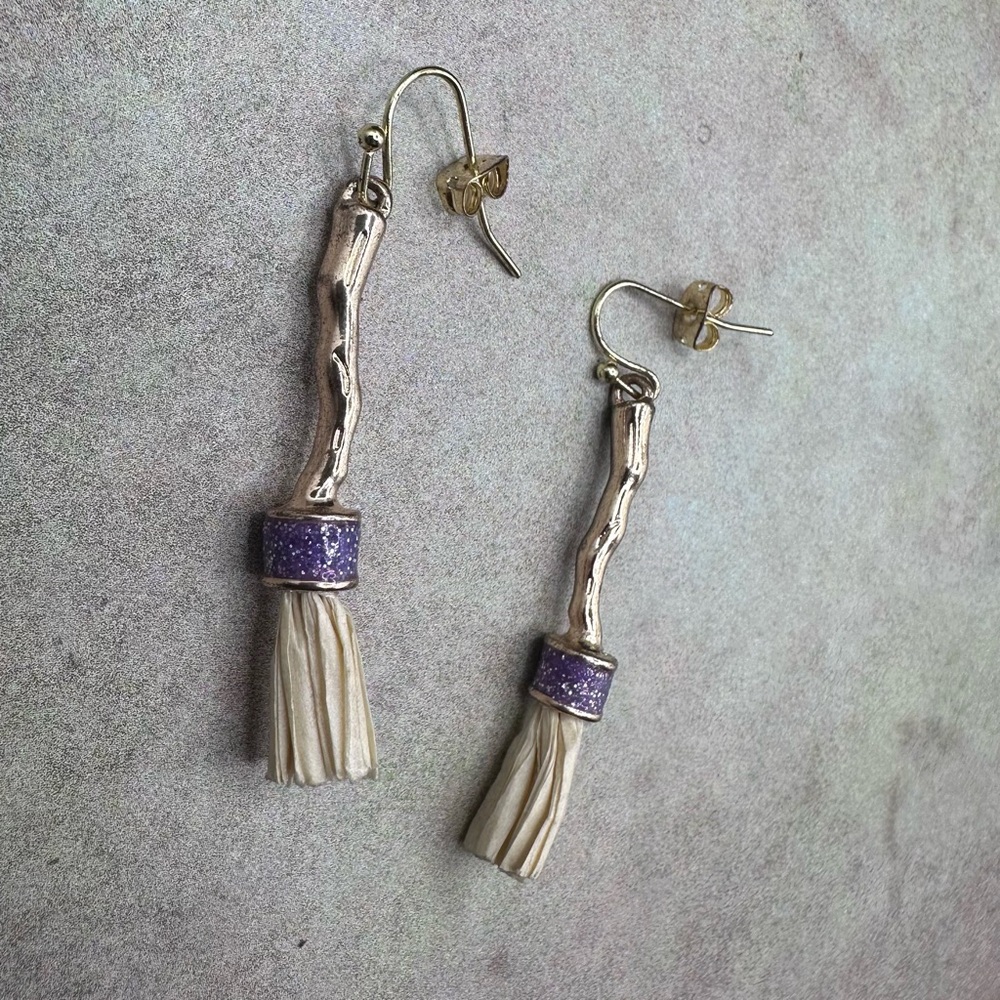 Silver Twig Earrings with Purple Accent and Cream Tassel - Picture 4 of 5